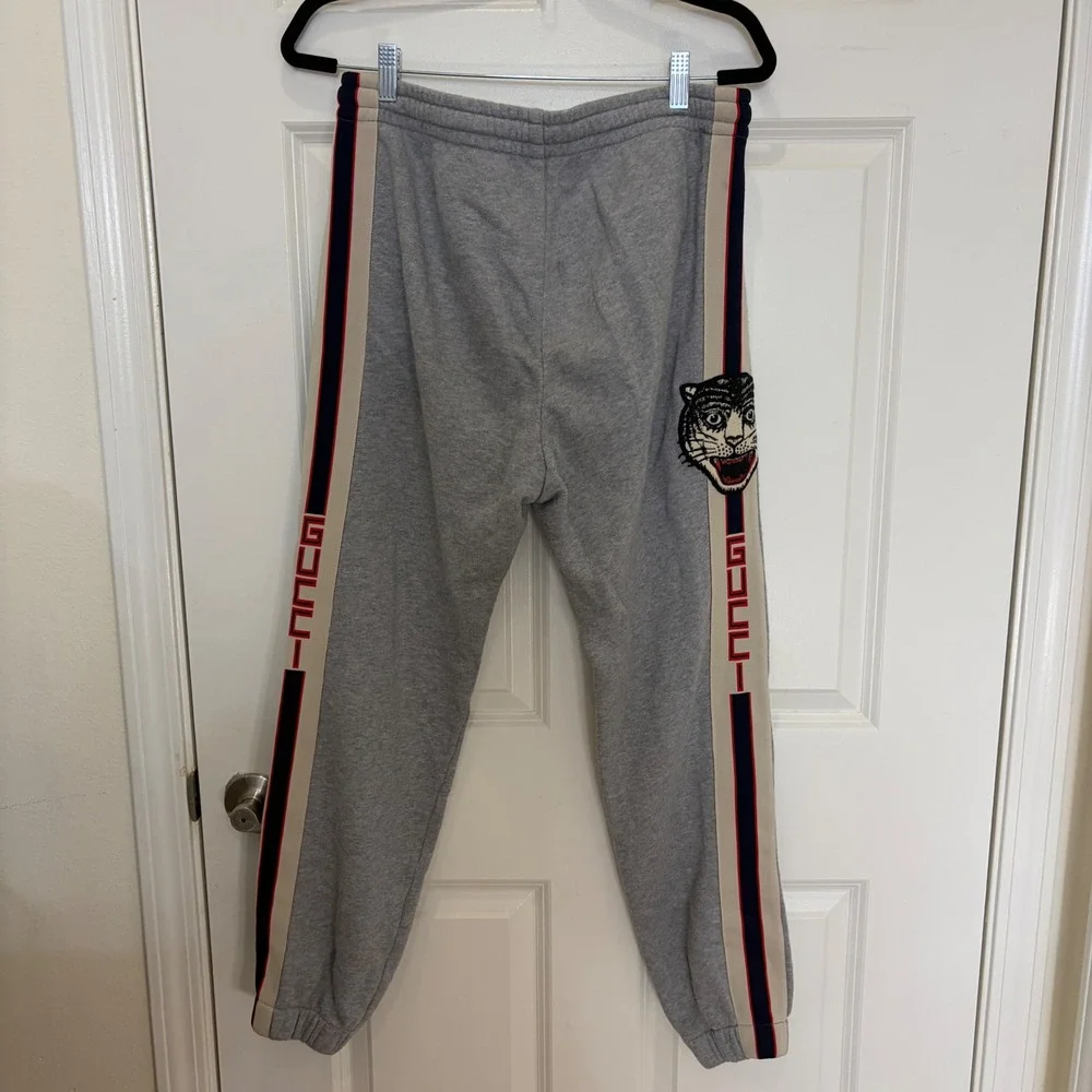 Gucci Mens Tiger Patch Logo Stripe Sweatpants Gray Joggers Made in Italy